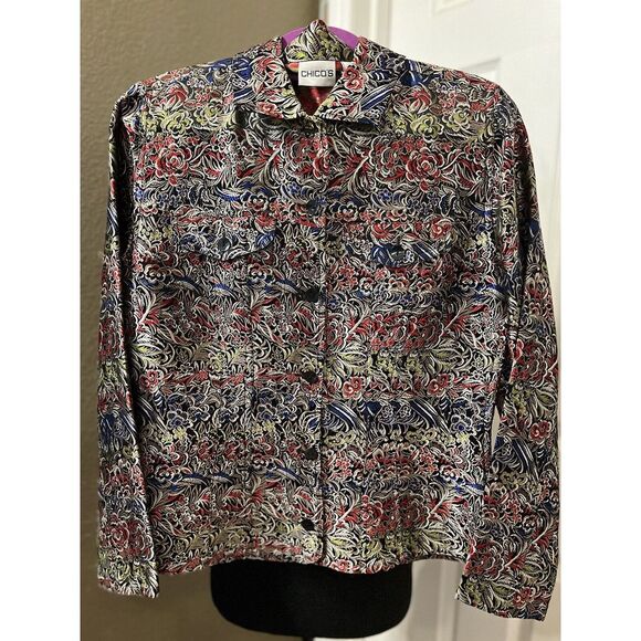 Chico's Size 0 Jacket black floral shimmer‎ rayon silk metallic - Picture 1 of 3